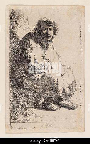 Rembrandt van Rijn. Bettler sitzen auf einer Bank. 1630. Holland. Radierung auf Elfenbein Bütten Stockfoto