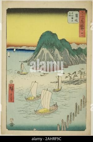 Utagawa Hiroshige. Maisaka Fähren überqueren das Meer bei Imagiri (Maisaka, kaijo Imagiri funewatashi), No. 31 aus der Serie bekannten Sehenswürdigkeiten der 53 Stationen (Gojusan tsugi meisho zue), auch bekannt als der Vertikalen Tokaido. 1855. Japan. Farbe holzschnitt; Oban Stockfoto