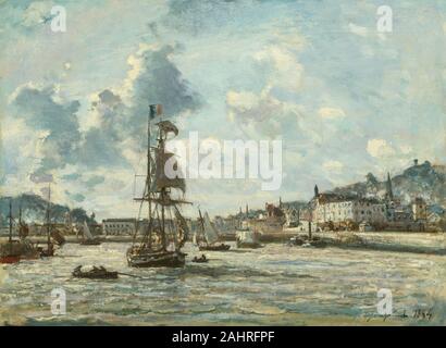 Johan Barthold Jongkind. Einfahrt in den Hafen von Honfleur. 1863 - 1864. Holland. Öl auf Leinwand zusammen mit Eugène-Louis Boudin (seinen herannahenden Sturm sehen), Johan Barthold Jongkind brachte einen neuen Geist zu dem Bild von der Küste Szenen. Im Inhalt, Palette, und die Technik, die Arbeiten der beiden älteren Künstler spielte eine wichtige Rolle in der Entwicklung des Impressionismus. Claude Monet wusste Boudin gut und nahm ihn als seinen Mentor, aber er behauptete, es war Jongkind, der "sein Auge erzogen." Obwohl sie ihre abschließenden Kompositionen im Atelier gemalt, beide Boudin und Jongkind bemühte sich die Frische zu erhalten Stockfoto