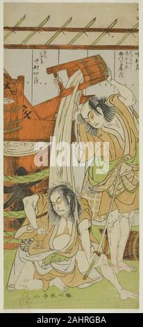 Shunsho Katsukawa. Die Schauspieler Ichikawa Komazo II wie Satsuma Gengobei (rechts), und Nakamura Nakazo ich als Sasano Sangobei (links). 1766 - 1776. Japan. Farbe holzschnitt; hosoban Stockfoto