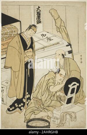 Shunsho Katsukawa. Der Schauspieler Otani Hiroji III in seinem Ankleidezimmer unterstützt von Otani Tokuji I () und Oberved von Nakamura Nakazo ich (). 1778 - 1788. Japan. Farbe holzschnitt; Oban Stockfoto