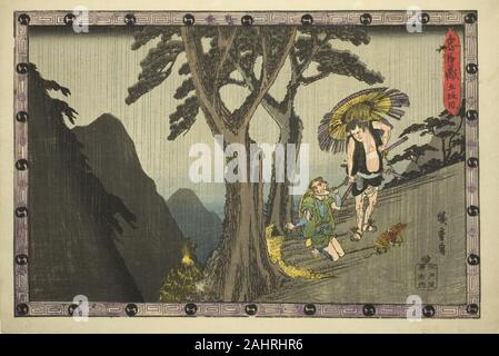 Utagawa Hiroshige. Akt 5 (Godanme), aus der serie Lagerhaus der Treuen Halter (chushingura). 1829-1844. Japan. Farbe holzschnitt; Oban Dieses ist eine fiktive Episode hinzugefügt Spannung des Stücks zu erhöhen. Bei einem starken Gewitter in den Bergen in der Nähe von Kyoto, einer alten bäuerlichen kniet und fleht um Gnade. Auf der rechten Seite, Sadakuro, der Sohn von Kudayu und ein Spion für Kira, ist schäbig in Schwarz gekleidet und trägt eine zerlumpte Regenschirm. Sadakuro entreißt Geldbeutel ist der alte Mann von der Schnur um den Hals und tötet ihn mit dem Schwert. Der starke Regen im Bild erkennt den frühen Zeitpunkt der Drucken, Stockfoto