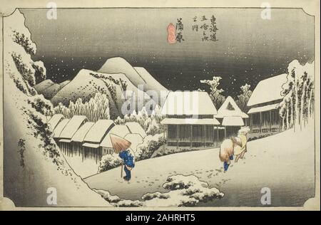 Utagawa Hiroshige. Kanbara Abend Schnee (Kanbara, yoru no Yuki), aus der serie Dreiundfünfzig Stationen des Tokaido (Tokaido gojusan tsugi no Uchi), auch bekannt als die Hoeido Tokaido. 1828 - 1839. Japan. Farbe holzschnitt; Oban Stockfoto