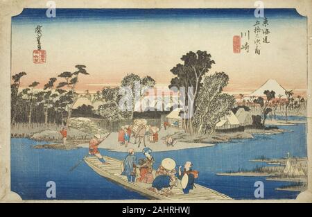 Utagawa Hiroshige. Kawasaki Die Rokugo Fähre (Kawasaki, Rokugo watashibune), aus der serie Dreiundfünfzig Stationen des Tokaido (Tokaido gojusan tsugi no Uchi), auch als Hoeido Tokaido bekannt. 1828 - 1839. Japan. Farbe holzschnitt; Oban Stockfoto
