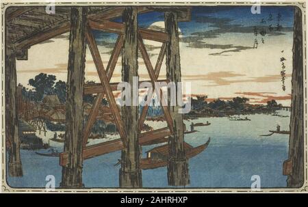 Utagawa Hiroshige. Twilight Moon in der Ryogoku Brücke (Ryogoku keine yoizuki), aus der Serie bekannten Blick auf die östliche Hauptstadt (Toto Meisho). 1826 - 1836. Japan. Farbe holzschnitt; Oban Stockfoto