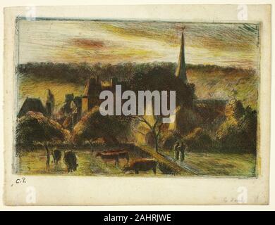 Camille Pissarro. Kirche und Farm in Cergy. 1895. Frankreich. Farbe Radierung und Aquatinta auf Elfenbein Bütten Stockfoto