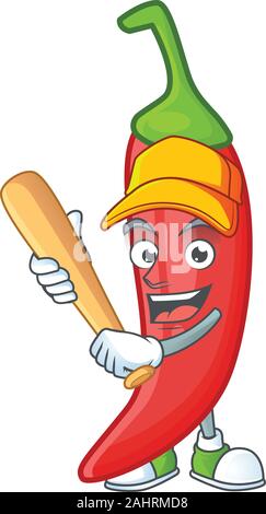 Fröhlich lächelnd roter Chili cartoon Maskottchen mit Baseball Stock Vektor
