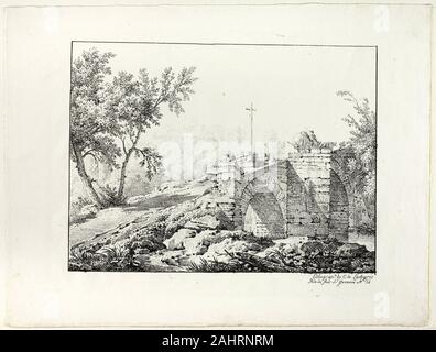 Achille Ätna Michallon. Landschaft mit Brücke. 1817. Frankreich. Lithographie in Schwarz auf Elfenbein webte Papier Stockfoto