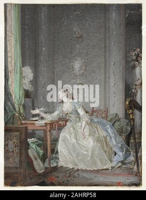 Claude Jean Baptiste Hoin. Interieur mit einem Porträt einer jungen Frau vor eine Büste. 1788. Frankreich. Gouache auf Pergament, legte sich auf Creme Bütten Stockfoto