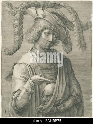 Lucas van Leyden. Junger Mann mit einem Schädel. 1514 - 1524. Niederlande. Gravur in Schwarz auf Elfenbein Bütten einmal als Lucas van Leyden's Self-portrait interpretiert, dieser Druck ist manchmal recht Memento Mori (Denken Sie daran, dass Sie sterben). Die gut gekleideten, anonyme Abbildung sieht seine Sterblichkeit während der menschliche Schädel zeigt (können, aber nicht real sein) unter seinem Mantel versteckt. Dieses Bild herstammt und durch 80 Jahre Shakespeares Hamlet, mit seiner berühmten Rede auf arme Yorick's Fate, traditionell mit tatsächlichen Schädel der Narr in der Hand geliefert. Wenn die runde Dürer Kreuzigung (1956.951, angezeigt ne Stockfoto