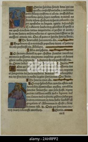 Unbekannter Künstler. Pfingsten und Christi das Kreuz tragen. 1490 - 1510. Frankreich. Handkolorierte Holzschnitte, mit Vergoldung und Buchdruck, auf Pergament dieses Blatt aus einem Buch von Stunden gedruckt wurde auf Pergament (ein dünnes Stück vorbereitet tierischer Haut) und dann beleuchtet und vergoldeten zu teuren devotional Manuskripte ähneln, die vollständig von Hand hergestellt. Diese Seite enthält mehrere verschiedene Gebete. Die undurchsichtig blaues Pigment Färbung der begleitenden Miniaturen verschleiert die meisten gedruckten Hintergrund. Christus erscheint ikonischen und allein im unteren Bild, als ob das Meditieren über seinen bevorstehenden Tod, anstatt Sie zu zwingen, Stockfoto