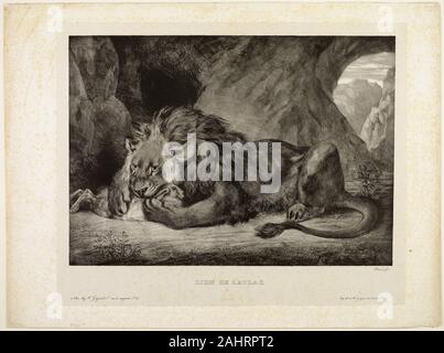 Eugène Delacroix. Lion auf das Atlasgebirge. 1829. Frankreich. Lithographie in Schwarz auf hellgrau China Papier legte sich auf Elfenbein webte Papier (chine collé) Delacroix größte paar Anhänger druckt verfügt über eine monumentale Löwe (hier zu sehen) und ein Regal Tiger (1927.1645), in einer Art Gesicht präsentiert. Antike römische Spiele regelmäßig narbig Barbary Löwen und Bengalischen Tigern Gegeneinander. In den späten 19. Jahrhundert, sie waren immer noch gelegentlich Feinde für Unterhaltung und Profit gemacht, wie sie in einem stark gewettet Kampf auf Leben und Tod in Indien. Während dieser grossen Katze kann passiv erscheinen im Vergleich mit Stockfoto