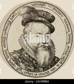 Hendrick Goltzius. Robert Dudley, Earl of Leicester (1532-1588), englischer Edelmann, Generalgouverneur der Vereinigten Provinzen in 1585-87. 1586. Niederlande. Gravur in Schwarz auf Elfenbein bütten wie die ergänzende Genre der bemalte Figuren, kleine Ausdrucke von Porträtfotos erfordern eine enge Kontrolle und feinfühligen Umgang. Die runde Form der zwei dieser Drucke lädt Vergleiche mit ovalen Miniaturen und gegossenen Medaillen, Beispiele, von denen in der Umgebung angezeigt werden. Im Fall des Goltzius Portrait von Dudley (und andere Beispiele aus dem Oeuvre des Künstlers), die Matrix drucken - eine goldene Platte - war selbst ein Werk eines Stockfoto