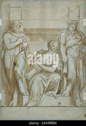 Veronese (Paolo Caliari). Stärke (oder Stärke), die von zwei Satyrn flankiert. 1600 - 1699. Italien. Pinsel und Braun waschen, erhöhte mit Blei weiß (teilweise oxidiert), über Schwarze Kreide auf blauem Papier, in schwarzer Kreide squared Stockfoto
