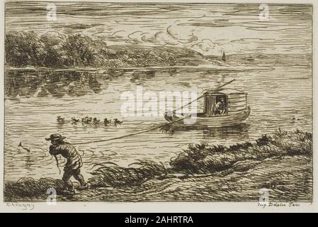 Charles François Daubigny. Schiffsjungen Ziehen an der Leitung (Schleppen auf dem Seil). 1861. Frankreich. Radierung auf Elfenbein Bütten Stockfoto