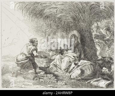 Giovanni Domenico Tiepolo. Joseph Anbetung des Kindes während zwei Engel singen, Platte neunzehn von der Flucht nach Ägypten. 1752. Italien. Radierung auf Papier Stockfoto