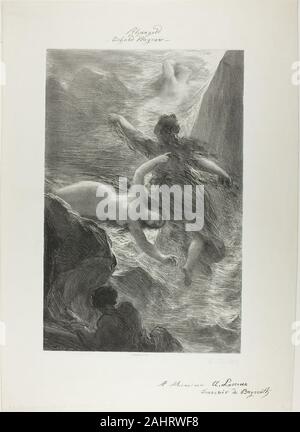 Henri Fantin-Latour. Erste Szene Der Rheingold. 1876. Frankreich. Lithographie in Schwarz mit Schaben auf Stein auf Gräulich-elfenbein China Papier festgelegt auf dicken Creme webte Papier Das Rheingold ist das erste von vier Opern, die Opern Richard Wagners Zyklus Der Ring des Nibelungen. In dieser Interpretation der ersten Szene der Oper, drei Rheintöchter würdevoll Tauchgang durch die Strömungen, wie sie ihren Schatz zu schützen, das Gold der Rhein. Die Figur des Alberich, der gierig Regelungen der Rhein Gold zu stehlen, unheilvoll erscheint in der unteren linken Ecke der Komposition. Stockfoto