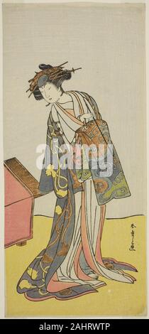 Shunsho Katsukawa. Der Schauspieler Iwai Hanshiro IV als Kurtisane Agemaki im Spiel Sukeroku Yukari no Hatsu-zakura, durchgeführt an der Ichimura Theater im dritten Monat, 1776. 1771 - 1781. Japan. Farbe holzschnitt; hosoban; Mitte blatt Triptychon Stockfoto