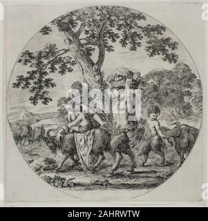 Stefano Della Bella. Satyr Familie Wandern. 1657. Italien. Radierung auf Elfenbein Bütten in erster Linie ein Grafiker, Stefano Della Bella wurde berühmt für sein Genre und Festival Szenen. Er war einer der ersten spezialisierten etchers, die religiöse Themen zugunsten seines persönlichen Fantasien vermied. Unter der Schirmherrschaft des Großherzogs Lorenzo de' Medici, Della Bella studierte in Rom und zog später nach Paris. Er kehrte nach Florenz in 1650 und weiterhin für die Medici Familie zu arbeiten. Stockfoto