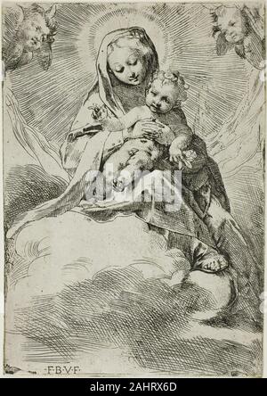 Federico Barocci. Madonna und Kind auf Wolken. 1546 - 1612. Italien. Ätzen in Schwarz auf Creme Bütten Federico Barocci der Ausschreibung Ätzen ist einer der ersten, der die Künstler abgeschlossen. Die intimen Maßstab macht die Arbeit ideal für persönliche Hingabe. Der säugling Christi direkte, seligmachenden Blick auf den Betrachter Kontraste sanft mit dem rapt Anbetung, das ihm von seinem süßen, jungen Mutter geschenkt. Der fliegende putto Köpfe im Wolkenbruch auf beiden Seiten verströmen ein Gefühl von Ruhe und Schutz, während die Details der sandaled Fuß Anker der Jungfrau die pyramidenförmige Gruppe auf, was sonst ein Unerheblicher wi. Stockfoto