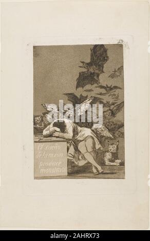 Francisco José de Goya y Lucientes. Der Schlaf der Vernunft gebiert Ungeheuer, Platte 43 aus Los Caprichos. 1797 - 1799. Spanien. Radierung und Aquatinta auf Elfenbein Papier zwischen den Grotesken und Komischen, Serie Los Caprichos Francisco de Goyas (Launen oder Phantasien) besteht aus 80 Radierungen der spanischen Gesellschaft während des späten 18. Jahrhunderts persiflieren Schweben. Für das ikonische Bild, das als Titel der Serie gedacht gewesen sein kann, Goya stellte sich als Künstler, die schlafend in seinem zeichentisch gefallen ist. Im Hintergrund sind seine Alpträume, die Makabere Peiniger, durchziehen das r Stockfoto