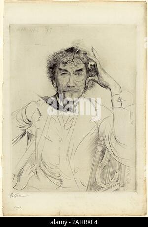 Paul-César Helleu. Portrait von James McNeill Whistler. 1897. Frankreich. Drypoint in Schwarz auf hellblauem Papier Stockfoto