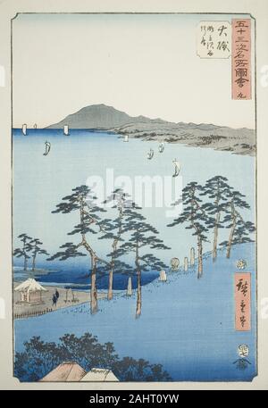 Utagawa Hiroshige. Oiso Saigyo's Hütte am Shigitatsu Marsh (Oiso, Shigitatsusawa Saigyoan), No. 9 Aus der Serie bekannte Sehenswürdigkeiten der 53 Stationen (Gojusan tsugi meisho zue), auch bekannt als der Vertikalen Tokaido. 1855. Japan. Farbe holzschnitt; Oban Stockfoto