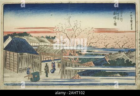 Utagawa Hiroshige. Blick auf Morgen Kirschblüten im Neuen Yoshiwara (Shin Yoshiwara asazakura nicht zu), aus der Serie bekannten Blick auf die östlichen Capitol (Toto Meisho). 1826 - 1836. Japan. Farbe holzschnitt; Oban Stockfoto