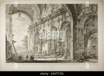 Giovanni Battista Piranesi. Ansicht der oberen Geschichte der Käfige für wilde Tiere gebaut durch den Kaiser Domitian, mit dem flavischen Amphitheater und gemeinhin als die Curia Hostilia, aus Blick auf Rom. 1750 - 1759. Italien. Radierung auf schwerem Elfenbein Bütten Stockfoto