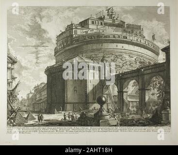 Giovanni Battista Piranesi. Blick auf das Mausoleum des Kaisers Hadrian (jetzt Castel Sant'Angelo) vom hinteren genannt, von Vedute di Roma (Aussicht auf Rom). 1750 - 1759. Italien. Ätzen in Schwarz auf Elfenbein Bütten Stockfoto