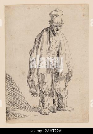 Rembrandt van Rijn. Bettler in einen hohen Cap, stehend und auf einen Stock gestützt. 1624 - 1634. Holland. Radierung auf Elfenbein Bütten Stockfoto