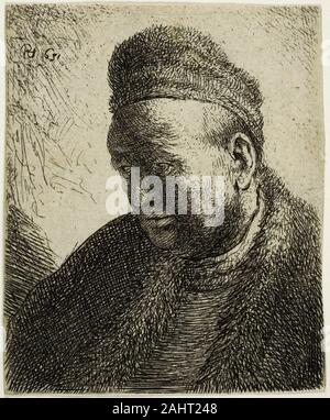 Rembrandt van Rijn. Bartlos Mann in einem Fell Mantel und Kappe Büste. 1631. Holland. Radierung auf Papier Stockfoto