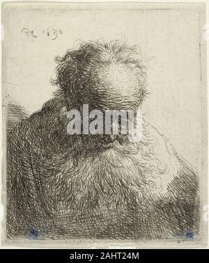 Rembrandt van Rijn. Büste von einem alten Mann mit wallendem Bart, den Kopf gesenkt, linke Schulter Operationslampen. 1630. Holland. Radierung auf Papier Stockfoto