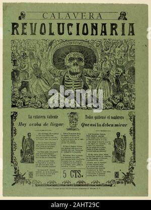 José Guadalupe Posada. Revolutionäre Calavera. 1905 - 1915. México. Foto - relief Ätzen (Zeichnung Stil) in Schwarz auf Grün webte Papier José Guadalupe Posada war der reichste und einflussreichste Breitseite Illustrator arbeiten im späten 19. und frühen 20. Jahrhunderts Mexiko und dem Taller de Gráfica Beliebte hielt ihn für ihre künstlerische Urahn und ein Modell der populären, sozial betroffenen Künstler. Posada illustrierte Tausende bunte, auffällige Einblattdrucke - Billig, ephemere Flugblätter an der städtischen Arbeiterklasse und der Mittelschicht Publikum - das aktuelle Ereignisse, soziale und politische scanda gerichtet Stockfoto