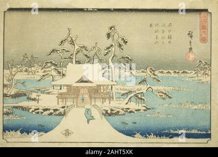 Utagawa Hiroshige. Schnee am Benzaiten Schrein im Inokashira Teich (Inokashira keine IKE-Benzaiten keine yashiro Yuki no kei), aus der serie Schnee, Mond und Blumen an berühmten Plätzen (Meisho setsugekka). 1839 - 1850. Japan. Farbe holzschnitt; Oban Stockfoto