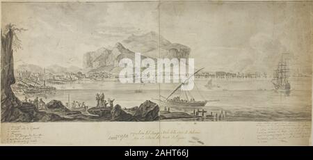 Adrien Manglard. Blick auf die Stadt und den Hafen von Palermo mit Blick auf den Monte Pellegrino. 1715 - 1760. Frankreich. Feder und Tinte schwarz mit Pinsel in Grau waschen, auf Elfenbein Bütten, auf Tan webte Papier gekippt Stockfoto