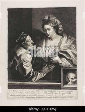 Anthony van Dyck. Tizian und seine Herrin. 1615 - 1625. Flandern. Ätzen und Gravieren in Schwarz auf Elfenbein Bütten Anthony van Dyck's Print einer verlorenen Selbstporträt des Venezianischen Meisters Tizian zeigt die Künstlerin mit einem luxuriös gekleidete Frau, die deutlich jünger ist als er. Innerhalb der Arbeit enthalten ist eine beliebte Venezianische Vers, dass Kommentare auf Schönheit der Frau und erklärt, dass sie ein Kind erwartet, beim Aufruf von Tizian "großartig" und lobte seine künstlerischen Fähigkeiten. Der Arm der Frau ruht auf einem Feld mit einem Schädel, und ihre Augen Blick weg von den im Alter von Tizian, der Künstler ist, Stockfoto