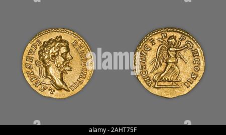 Antike römische. Aureus (Münze) Darstellung von Kaiser Septimus Severus. 194 AD - 195 AD. Rom. Gold Obverse Leiter des Septimius Severus Recht, laureateReverse Sieg läuft, Kranz in der Rechten und Palmzweig in der linken Schulter Stockfoto