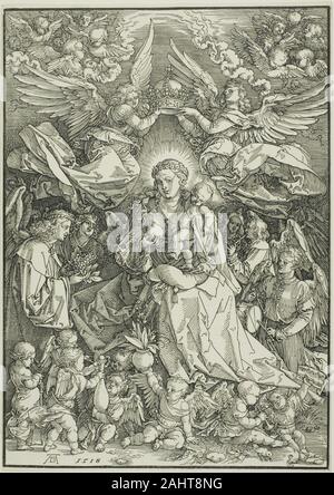 Albrecht Dürer. Madonna, Königin der Engel. 1518. Deutschland. Holzschnitt in Schwarz auf Elfenbein Bütten in Albrecht Dürers reich symbolische und dicht gemusterten Holzschnitt, zwei Engel über der Madonna und Kind schweben, Vorbereitung Krone ihre Königin. Andere feiern die Krönung durch das Spielen von Musikinstrumenten. Sitzender Cherub bietet die Madonna Kübelpflanzen Lilien, ein Zeichen für ihre Reinheit, während ein stehender Engel Trauben präsentiert, ein Symbol für die Eucharistie und Christi Blut. Wie Lucas Cranach des Älteren Eva aus dem Fall des Menschen (1962.113), Dürers Madonna im Mittelpunkt unter die Schar der Engel und Stockfoto