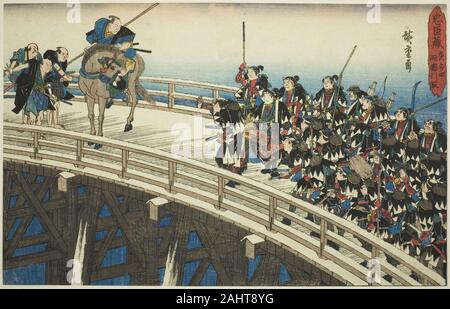 Utagawa Hiroshige. Die Nacht Angriff, Teil 4 [sic; tatsächlich 5] Der Rückzug in Ryogoku Brücke (Youchi yon, Ryogoku hikitori), aus der serie Die Rache der Treuen Halter (chushingura). 1829-1844. Japan. Farbe holzschnitt; Oban Stockfoto