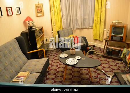 1950 s Lounge im Museum von Wissenschaft und Industrie, MOSI, Manchester, UK Stockfoto