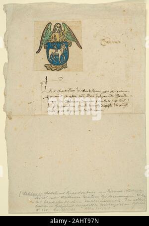 Exlibris von Hildebrand von Brandenburg. 1465 - 1485. Deutschland. Holzschnitt in Schwarz mit hand Färbung an den cremefarbenen Papier, unten an den cremefarbenen festgelegten Papier, mit Beschriftung in Stift und brauner Tinte, legte sich auf Creme bütten Die frühesten dokumentierten gedruckten Ex Libris ist diese Hand - farbige Holzschnitt Arme von Hildebrand von Brandenburg. Hildebrand identifiziert seine gesamte persönliche Bibliothek mit diesem Holzschnitt und eine standardisierte Inschrift, bevor Sie ihn an die Kartause in Buxheim, dass er 1480 beigetreten. 143 seiner Bücher wurden identifiziert, eine große Sammlung für eine nicht-königlichen Einzelnen am Stockfoto