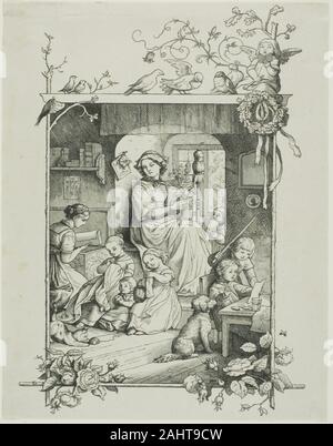 August Gaber (Stecher). Die Hausfrau. 1857. Deutschland. Holzstich in Schwarz auf Grau China Papier Stockfoto