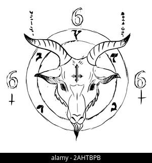 Satanische Ziege Kopf im Okkultismus Kreis Symbol durch die Zahl 666 und lateinische Inschrift umgeben Stock Vektor