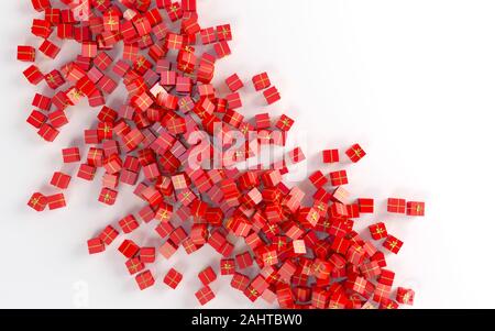 Geschenkboxen mit Goldband, verstreut herum. Stockfoto