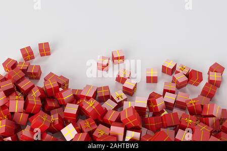 Geschenkboxen mit Goldband, verstreut herum. Stockfoto