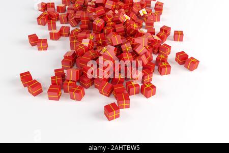 Geschenkboxen mit Goldband, verstreut herum. Stockfoto