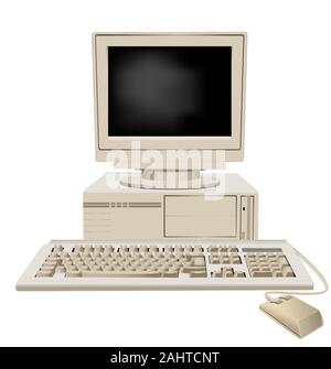 Retro Computer mit System Unit Large Monitor Tastatur und Maus Vector Graphic illustration Stock Vektor