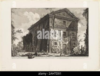 Giovanni Battista Piranesi. Blick auf den Tempel des Bacchus, jetzt die Kirche von S. Urbano, zwei Meilen entfernt von Rom, über der Porta S. Sebastiano, aus Blick auf Rom. 1750 - 1759. Italien. Radierung auf schwerem Elfenbein Bütten der Tempel in dieser Radierung abgebildet wurde im 2. Jahrhundert n. Chr. von der griechischen Aristokraten Herodes Atticus erbaut und ursprünglich der Fruchtbarkeitsgöttin Ceres gewidmet. Im 9. Jahrhundert, es wurde in eine christliche Kirche St. Urban, einem 3rd-Jahrhundert Papst zu Ehren umgewandelt. Durch die Zeit, Giovanni Battista Piranesi es zeichnete, der Tempel hatte mehrere Jahrhunderte der Verlassenheit widerstanden Stockfoto