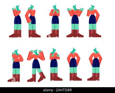 Weibliche Figur, Person, Emotion und stellt grosse Gliedmaßen Stil auf weißem Hintergrund Stock Vektor